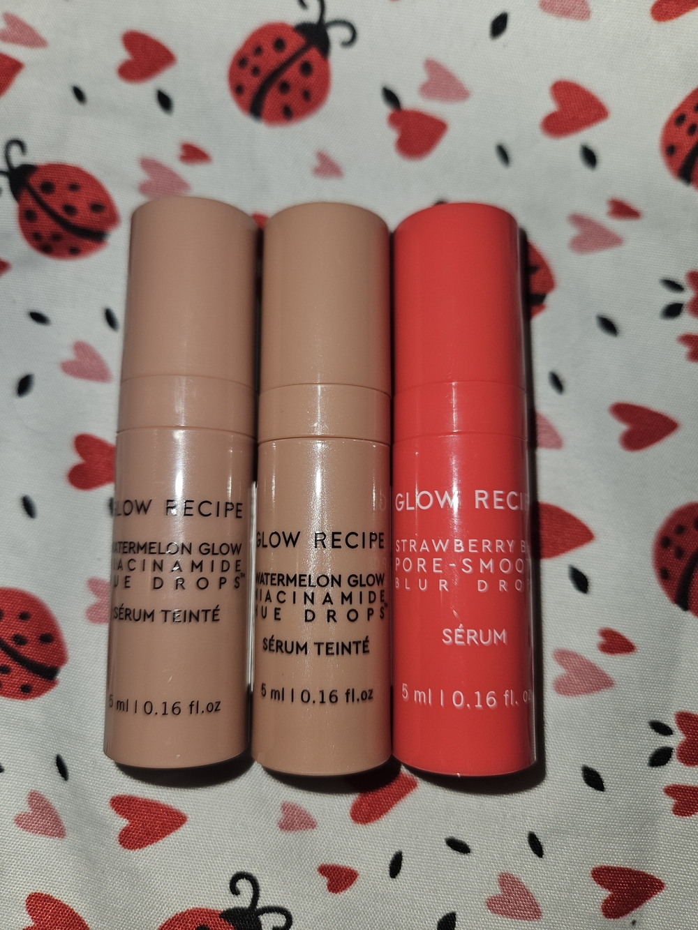 1 Glow Recipe strawberry pore blur drops and 2 watermelon glow hue drops serum